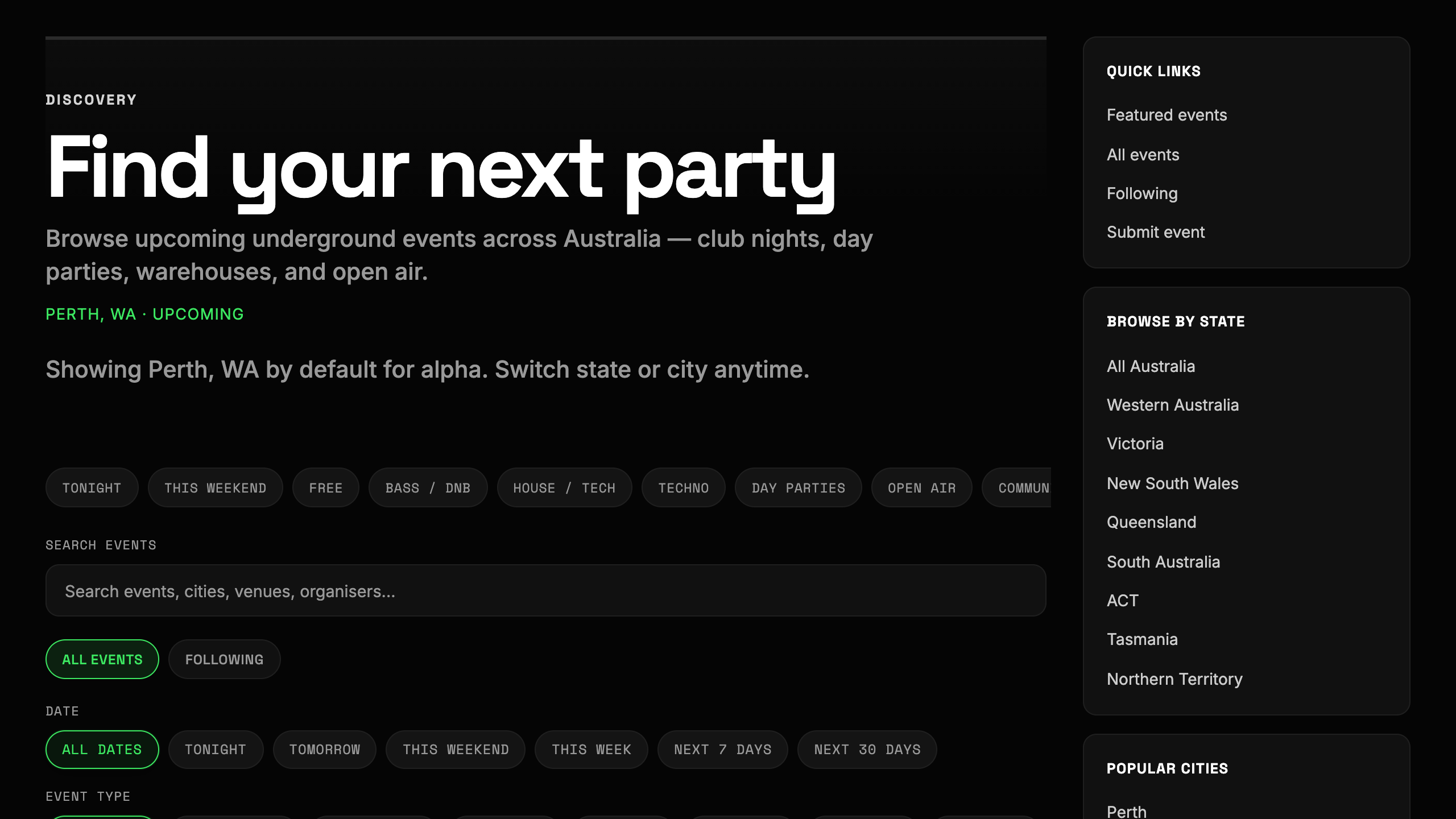 Event discovery in the PartyLine app