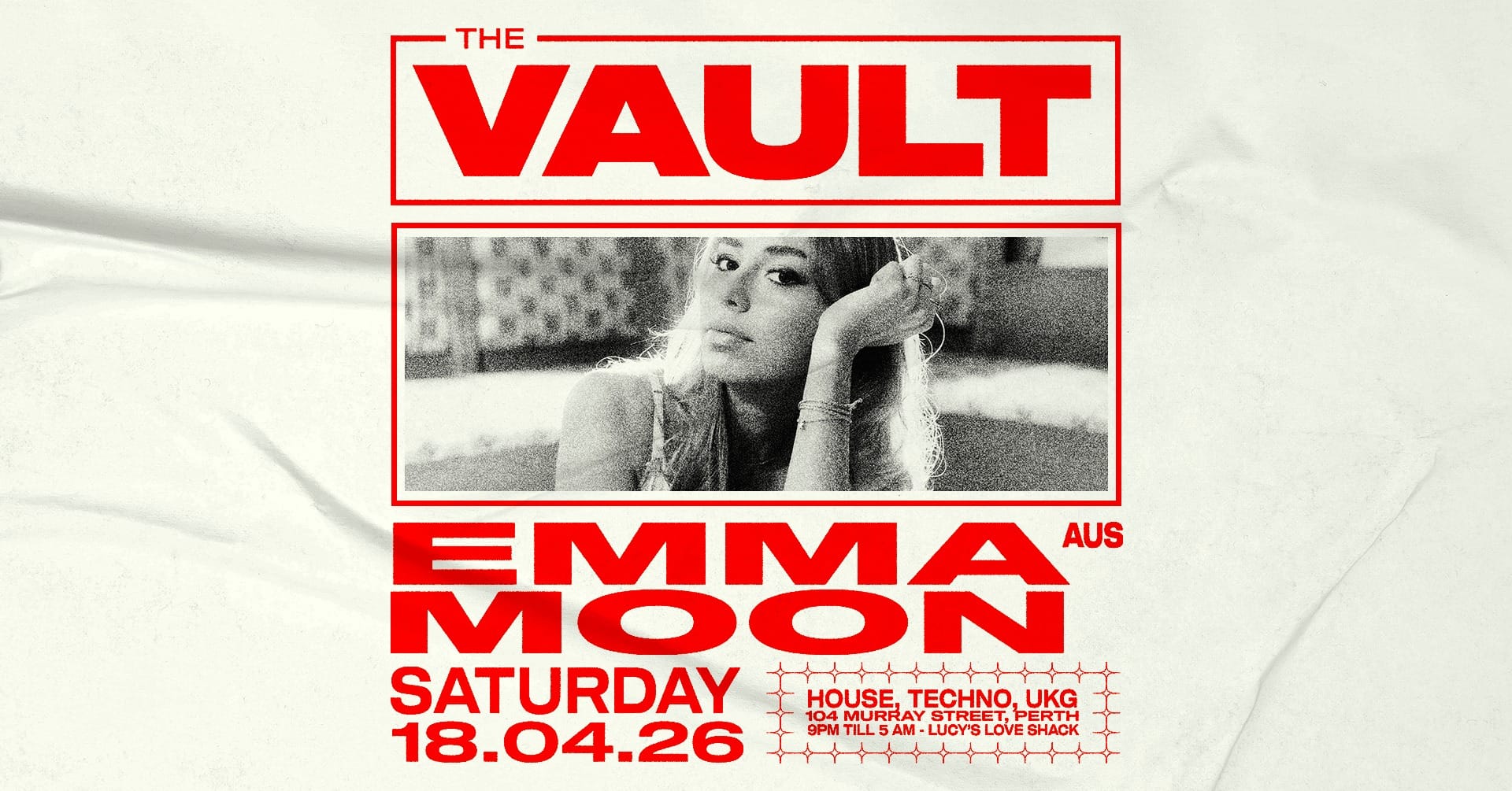 𝗧𝗵𝗲 𝗩𝗮𝘂𝗹𝘁 | 𝗦𝗮𝘁𝘂𝗿𝗱𝗮𝘆𝘀 𝗳𝘁. 𝗘𝗺𝗺𝗮 𝗠𝗼𝗼𝗻 (𝗔𝗨𝗦) Get ready for Melbourne's emerging techno queen this April in the basement.