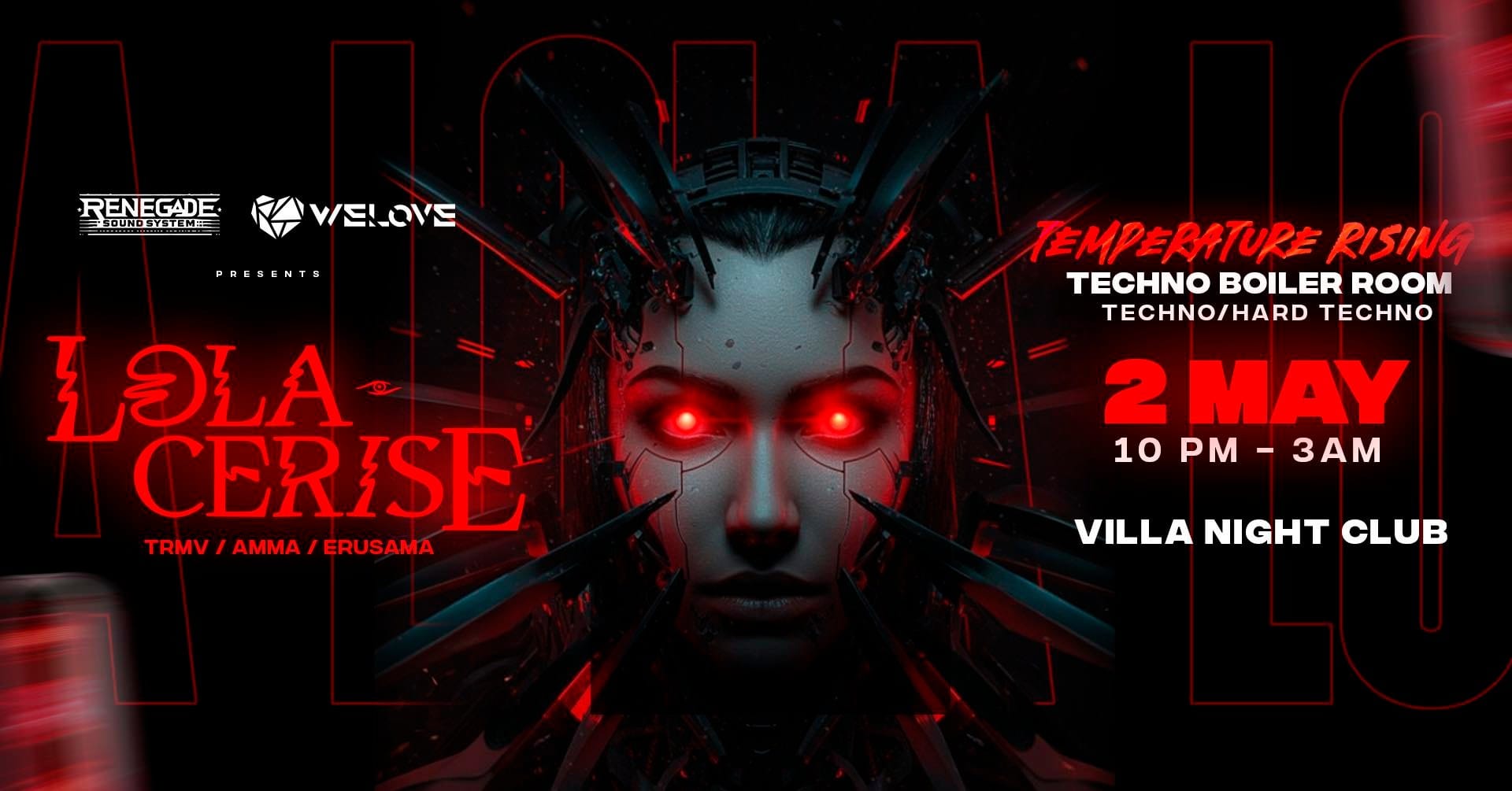 Temperature Rising Techno Boiler Room ft Lola Cerise 18+ 10:00pm, Sat 2nd May 2026 Villa Nightclub