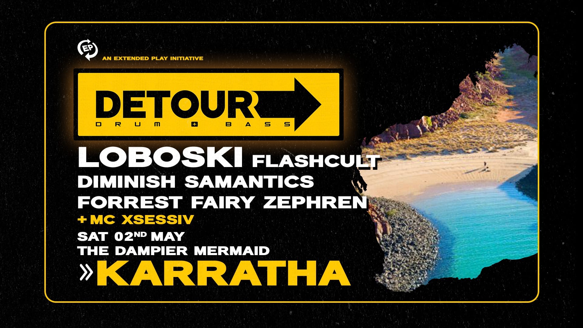 🚧 𝗛𝗼𝗹𝗱 𝗼𝗻 𝘁𝗶𝗴𝗵𝘁! 𝗜𝘁'𝘀 𝗮 𝗗𝗥𝗨𝗠 + 𝗕𝗔𝗦𝗦 >> 𝗗𝗘𝗧𝗢𝗨𝗥 !! 🚧 DETOUR rolls into 𝗗𝗮𝗺𝗽𝗶𝗲𝗿 𝗠𝗲𝗿𝗺𝗮𝗶𝗱 with a stacked line up of Perth's hottest Drum & Bass Artists & DJs